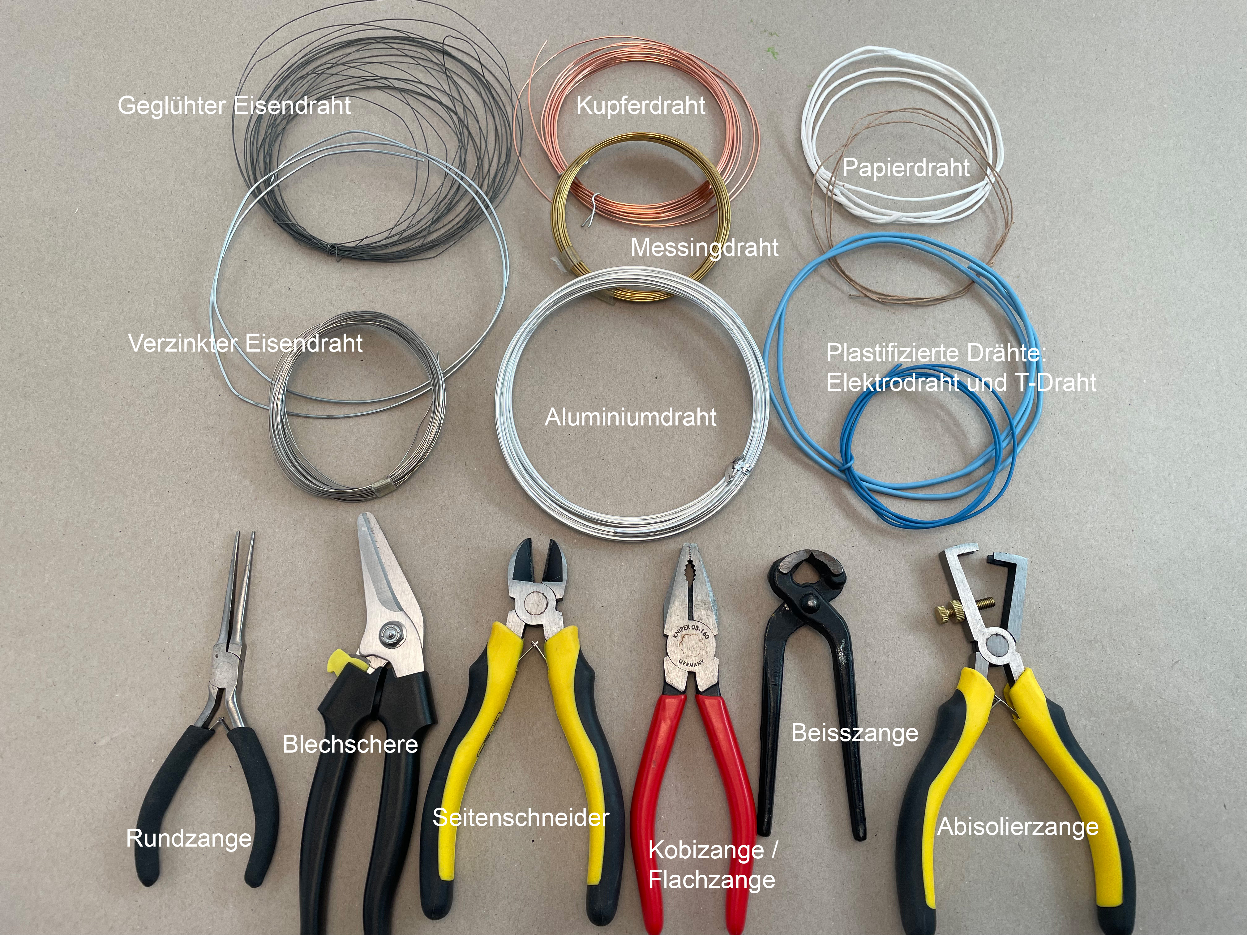 Werkzeug und Drahtsorten