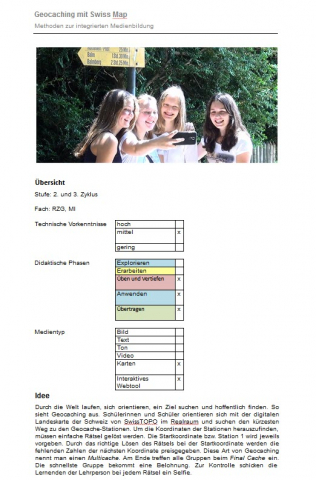 Screenshot Arbeitsblatt Geocaching mit Swiss Map