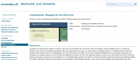 Screenshot Webseite swisseduc Lernprogramm: Blogging für den Unterricht