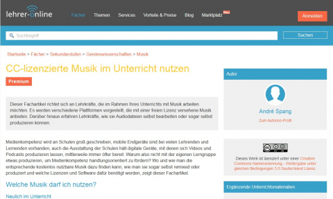 Website Lehrer-online CC-lizenzierte Musik