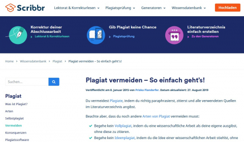 Screenshot Webseite Scribbr - Plagiat vemeiden