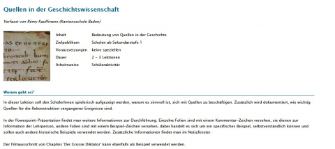 Screenshot Webseite Swisseduc Quellen in der Geschichtswissenschaft