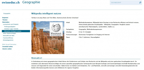 Screenshot Webseite swisseduc Wikipedia intelligent nutzen