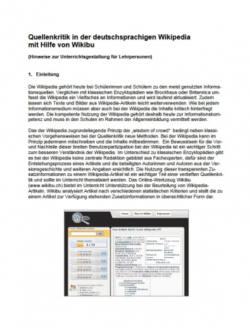 Screenshot Arbeitsblatt Quellenkritik in der deutschsprachigen Wikipedia