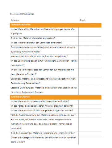 Checkliste zur Qualitätsbewertung von OER-Materialien