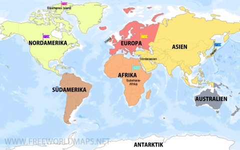 Karte der 7  Kontinente farbig. 