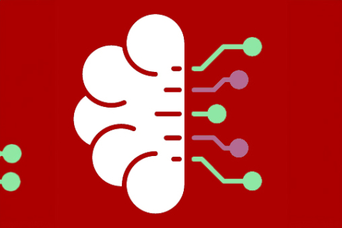 Logo KI explains KI Gehirn mit Neuronen grafisch dargestellt weiss auf rotem Hintergrund