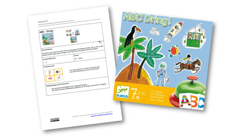 Eine Abbildung des Steckbriefs sowie der Verpackung des Spiels "ABC Drill"