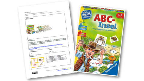 Abbildung des Steckbriefs und der Verpackung des Spiels "ABC-Insel"