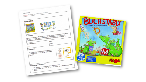 Abbildung des Infoblatts sowie der Verpackung zum Spiel Buchstabix
