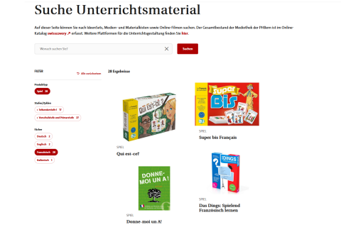Screenshot der "Suche Unterrichtsmaterialien" der PHBern, mit voreingestellten Filtern für "Spiele" und "Französisch".