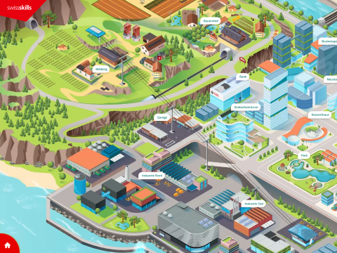 Screenshot der Website SwissSkills City. Es ist die Illustration einer Stadt aus der isometrischen Vogelperspektive zu sehen.