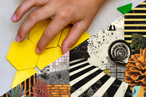 Kombination der Bilder, die für den Flyer zum Unterrichtsatelier "Muster" verwendet worden sind. Im oberen linken Bereich sieht man eine Kinderhand, die geometrische Formen legt. Im unteren rechten Bereich sieht man eine Collage aus Mustern wie Streifen, Mauern, Kacheln und so weiter.