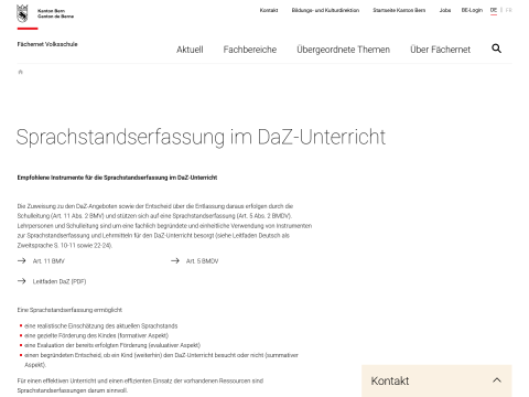 Screenshot der Website "Sprachstanderfassung" im Fächernet