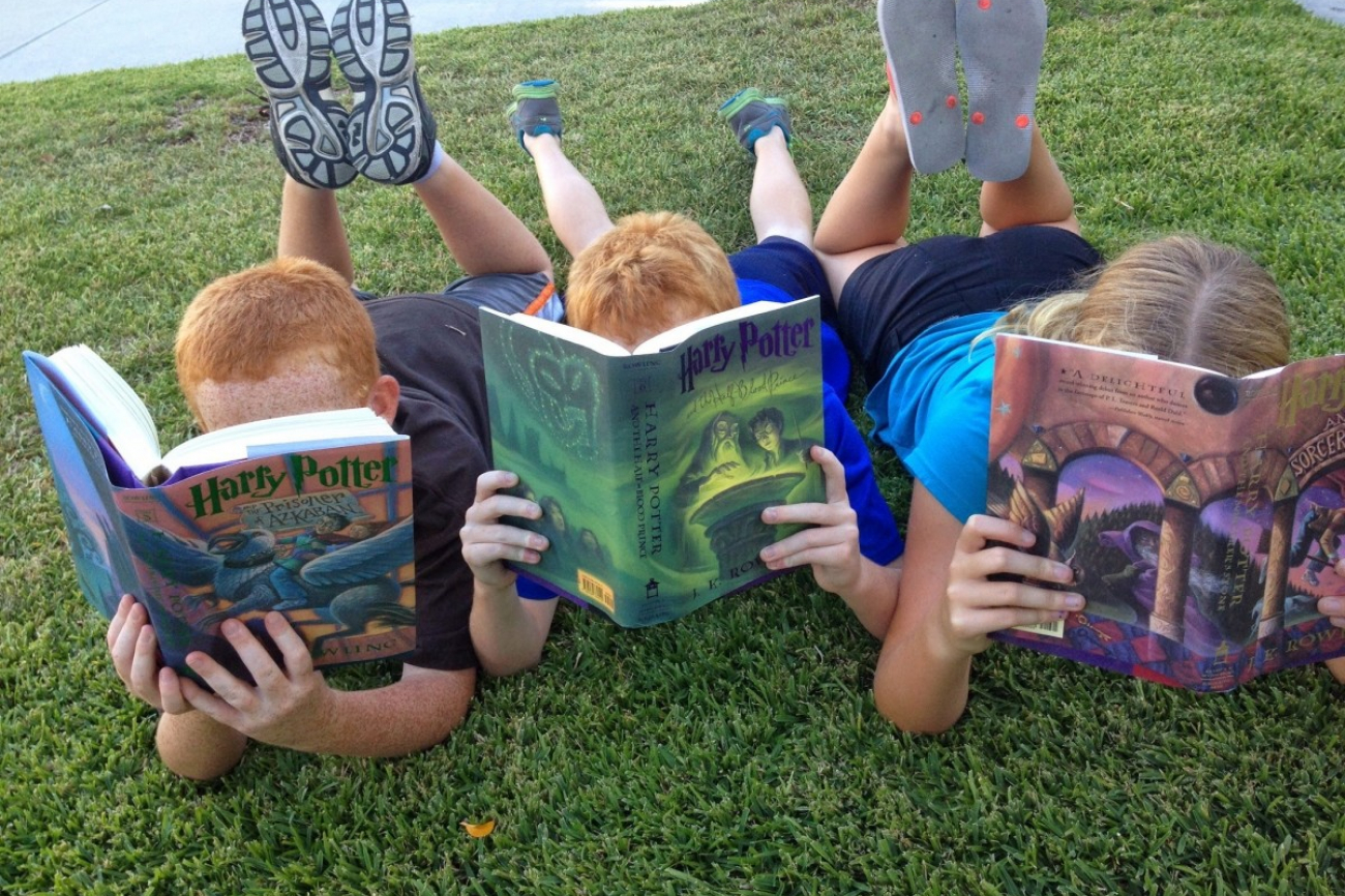 Kinder beim Lesen im Gras