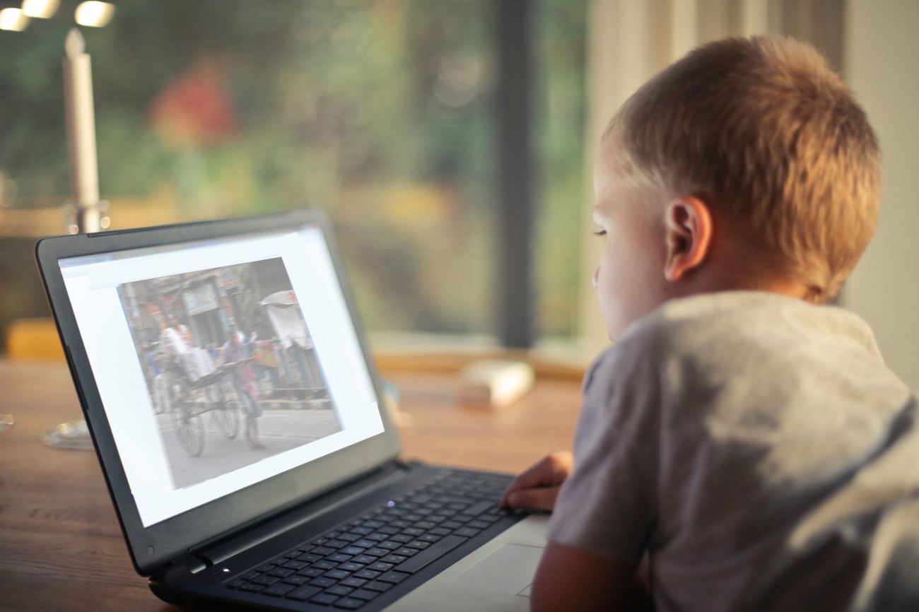 Ein Kind betrachtet zuhause am Computerbildschirm Materialien aus einem IdeenSet.