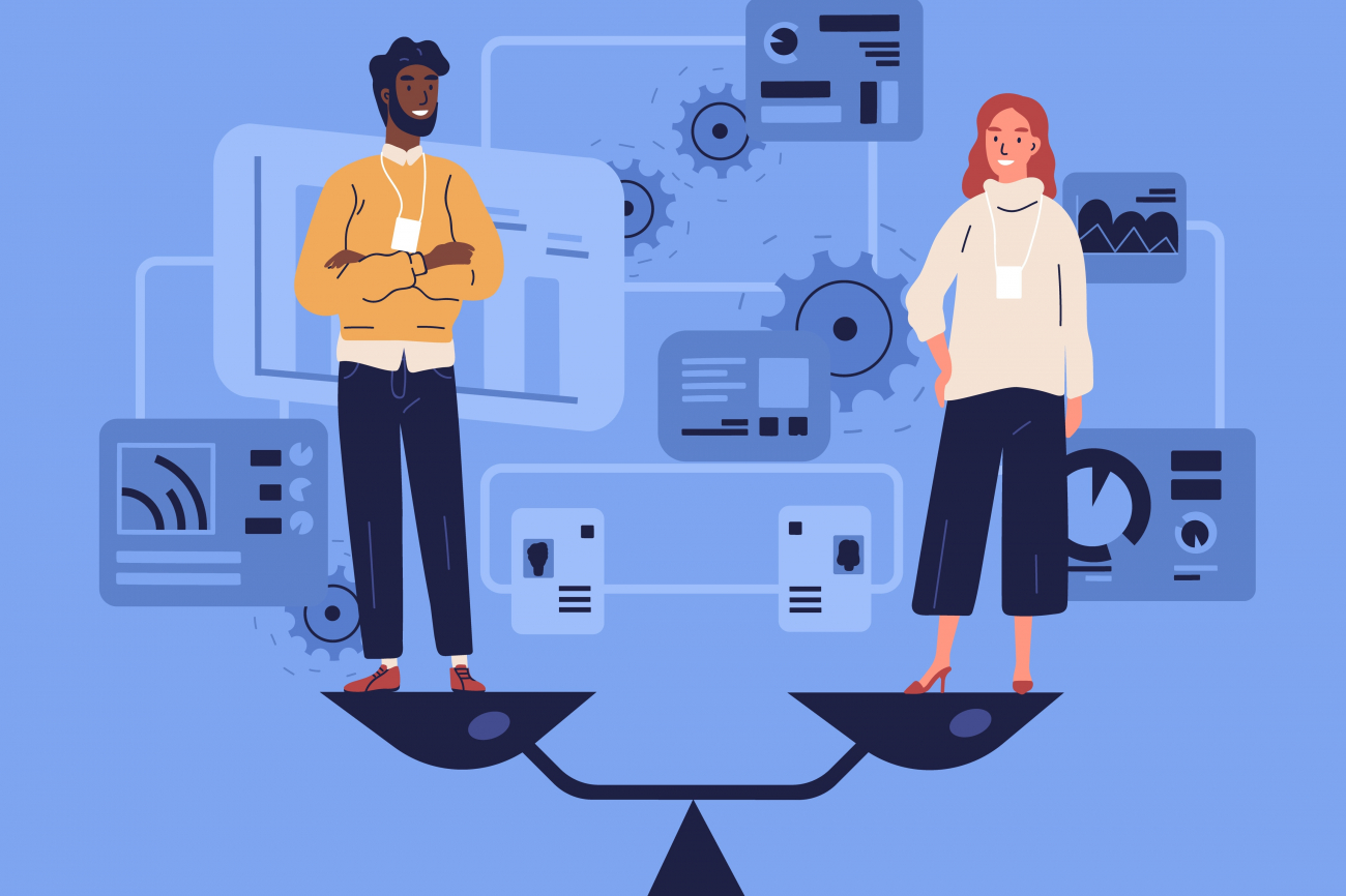 Symbolbild mit Mann und Frau auf Waage