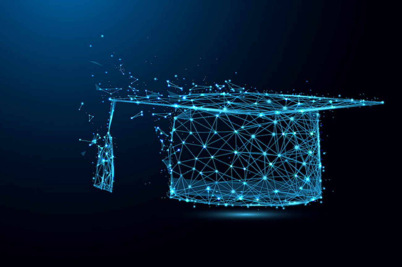 Symbolbild. Ein Doktorhut, der aus leuchtenden Punkten und Querverbindungen zusammengesetzt ist.