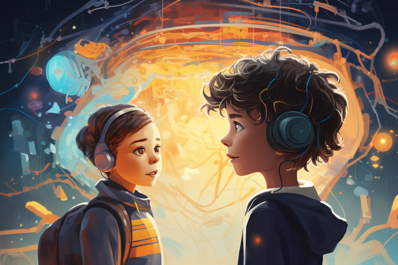 Ein KI-generiertes Bild im Stil einer Kinderbuchillustration. Es zeigt eine Schülerin und einen Schüler, die beide ungefähr 10-jährig sind. Beide tragen einen Rucksack, Kopfhörer und zeitgemässe Kleidung. Im Hintergrund ist schemenhaft ein leuchtendes Hirn zu erkennen.