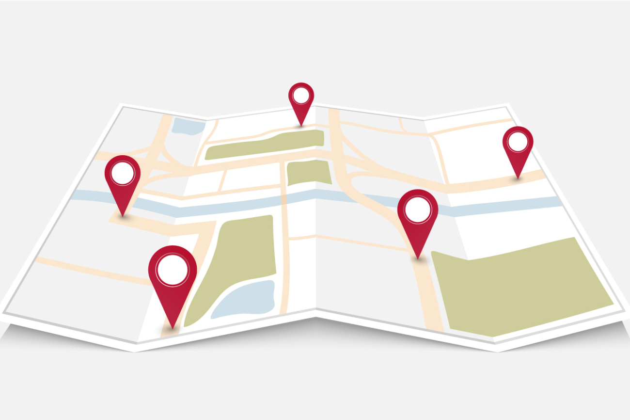 Ortsmarken auf einer schematischen Landkarte