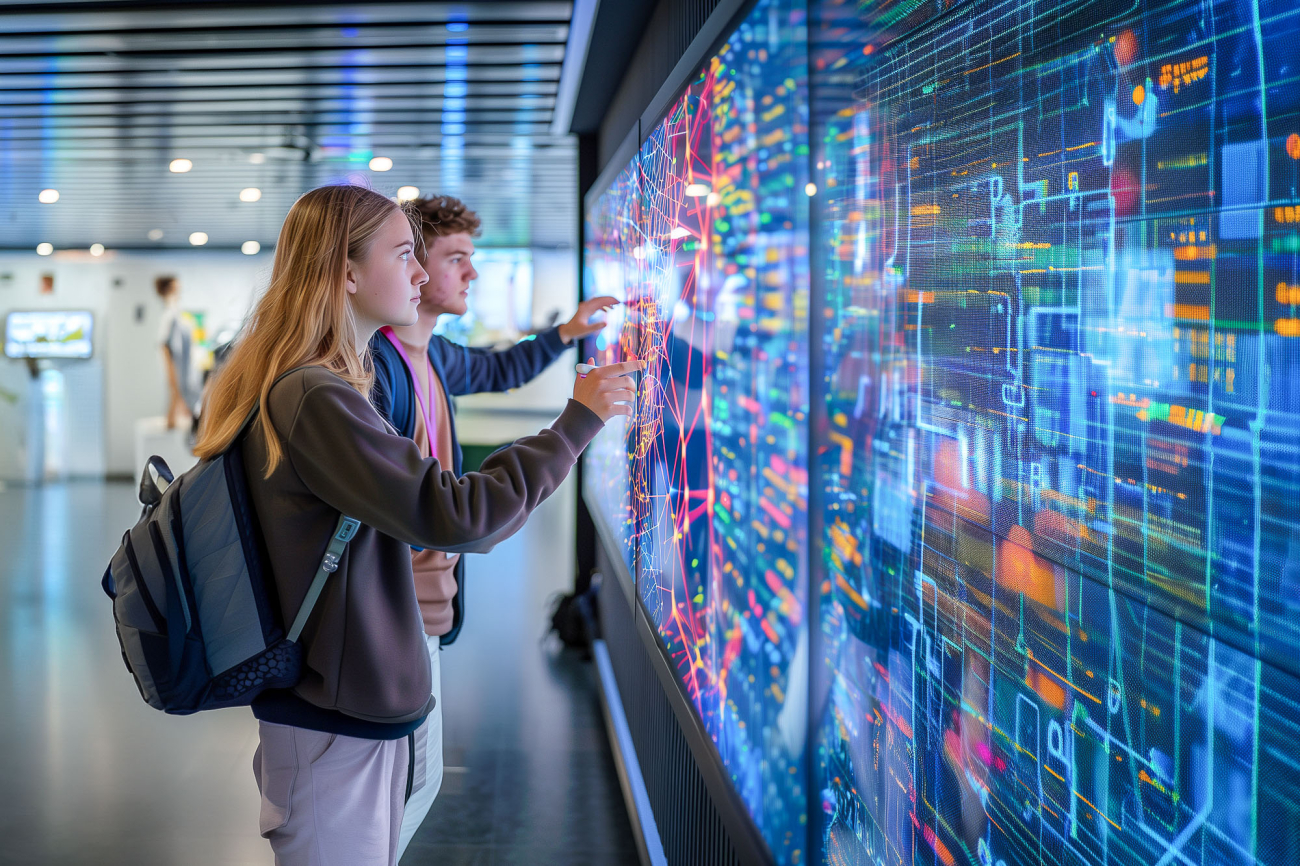 Junge Frau und junger Mann interagieren mit einem menschengrossen Screen. Auf dem Screen sind eine Art Computer-Platinen und digitale Netze zu sehen