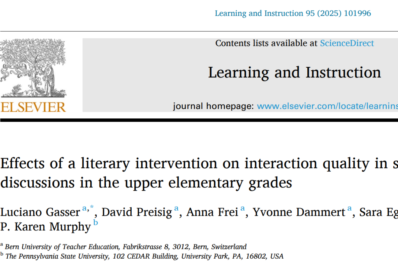 Titelbild der Publikation &quot;Effects of a literacy intervention on interaction quality in small-group discussion in the upper elementary grades&quot; von Luciano Gasser, David Preisig, Anna Frei, Yvonne Dammert, Sara Egger und P. Karen Murphy