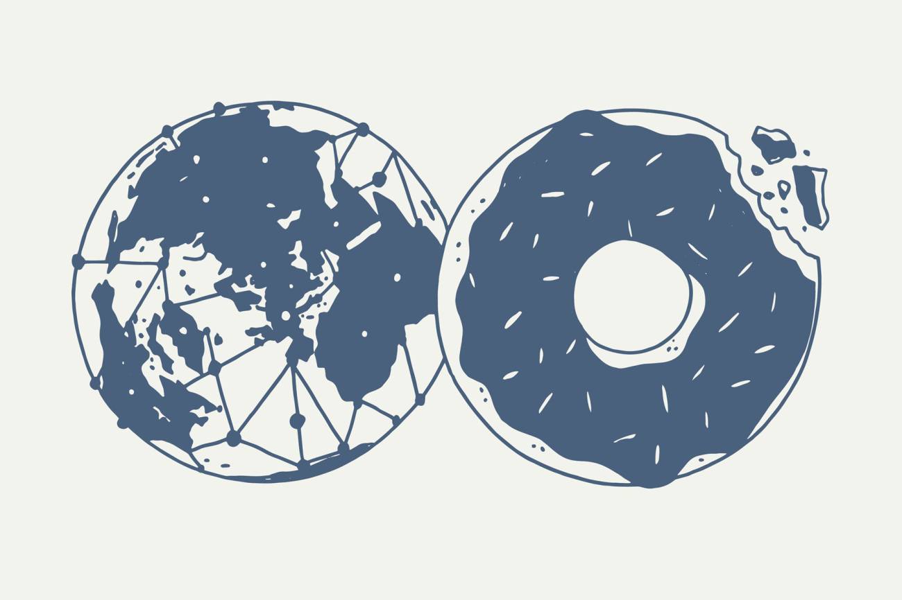 Illustration zwei Kugeln: der Weltkugel und einem Donut, die ineinander lappen