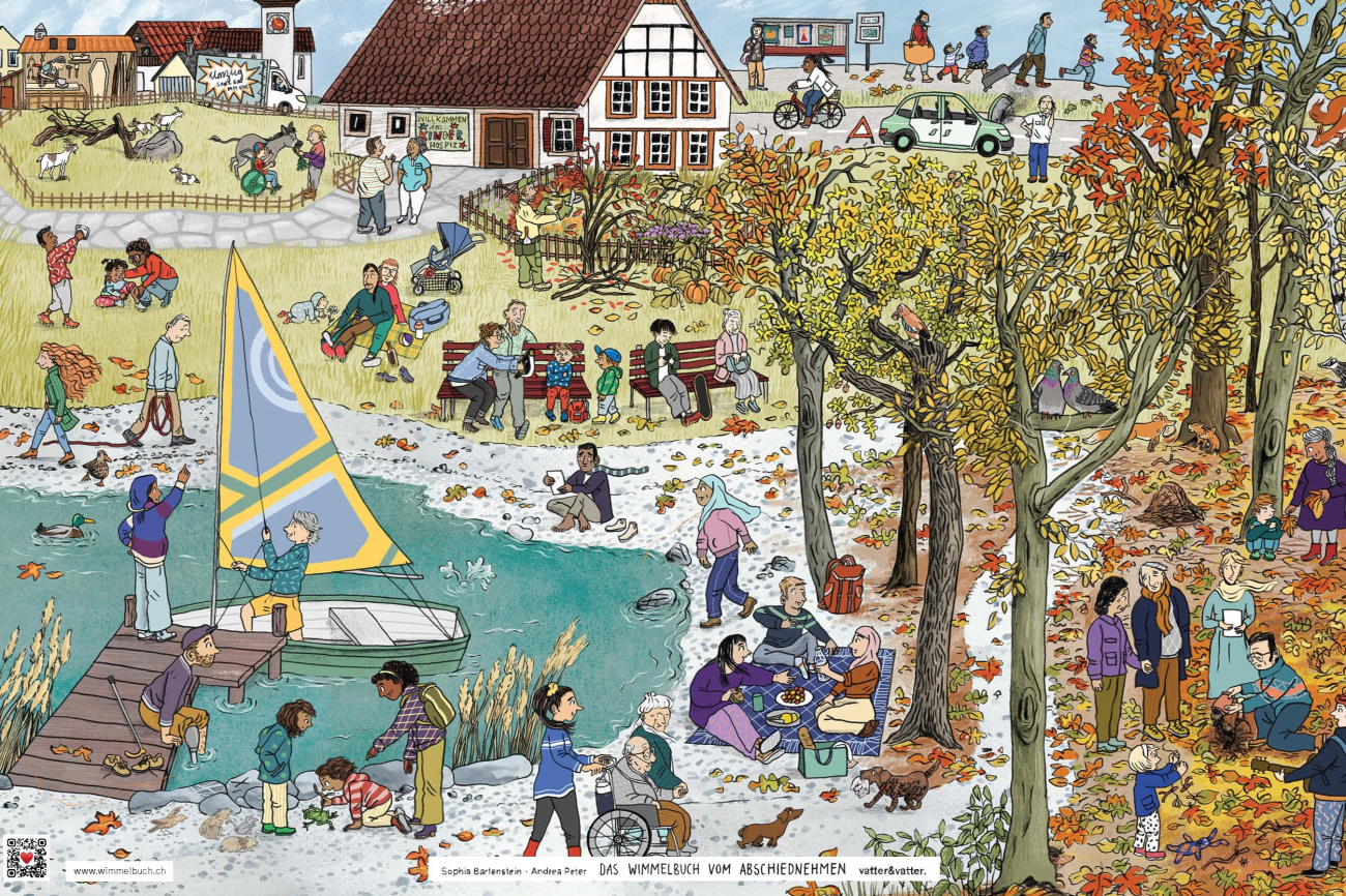 Bild aus dem Wimmelbuch vom Abschiednehmen von Andrea Peter und Sophia Bartenstein, vatter&amp;vatter AG, Bern 2024
