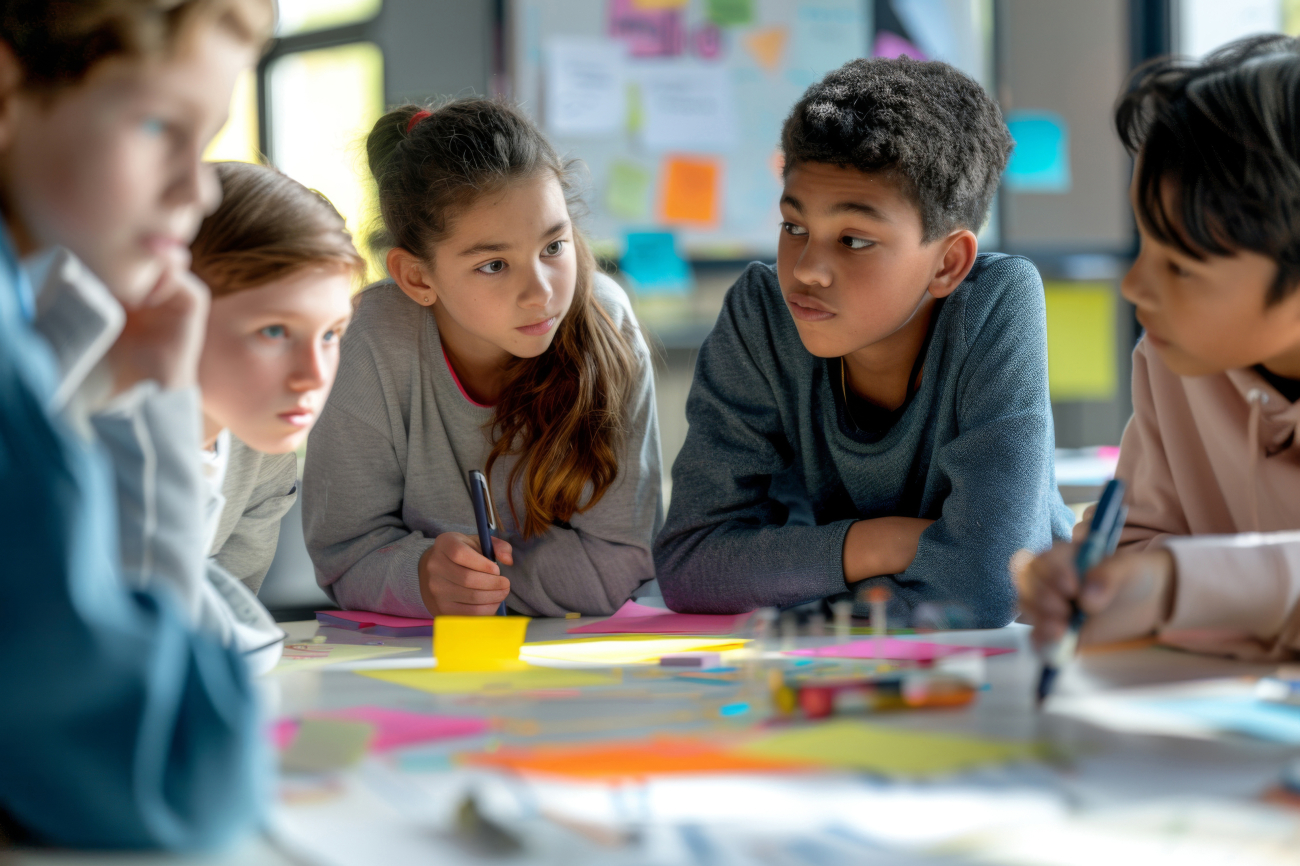 Kinder verhandeln und diskutieren an einem Tisch mit Notizzettel und Stift