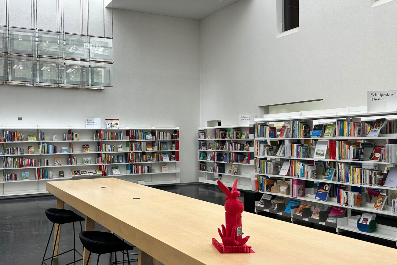 Innenansicht der Bücherregale in der Mediothek der PHBern