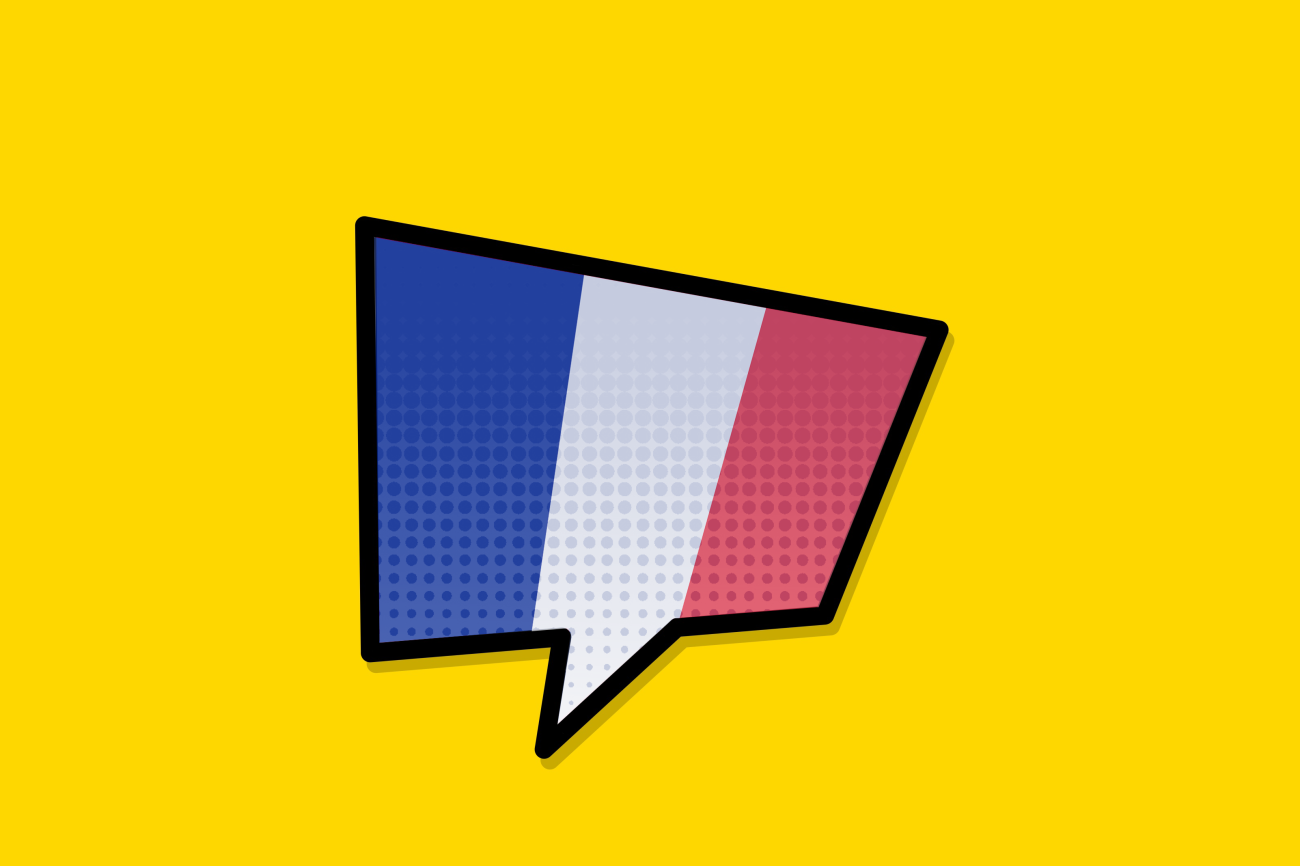 Eine Comic-artige Sprechblase. Der Hintergrund ist die französische Flagge.