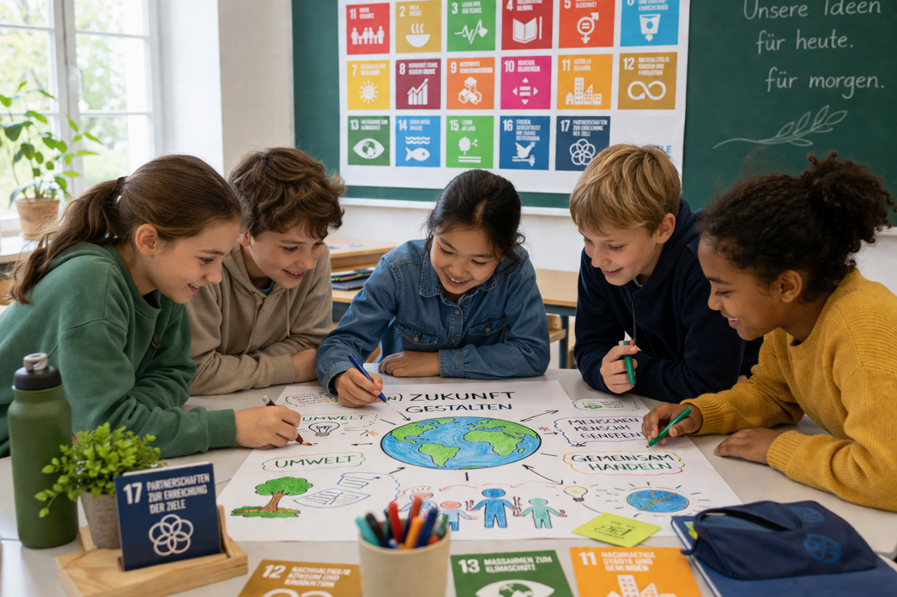 Kinder beugen sich über Plakat zu BNE