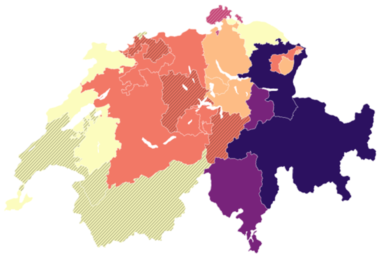 Karte der Schweiz mit einer Typologie kantonaler Steuerungsmodelle zum Vergleich von Schulsteuerung und Personalmanagement.