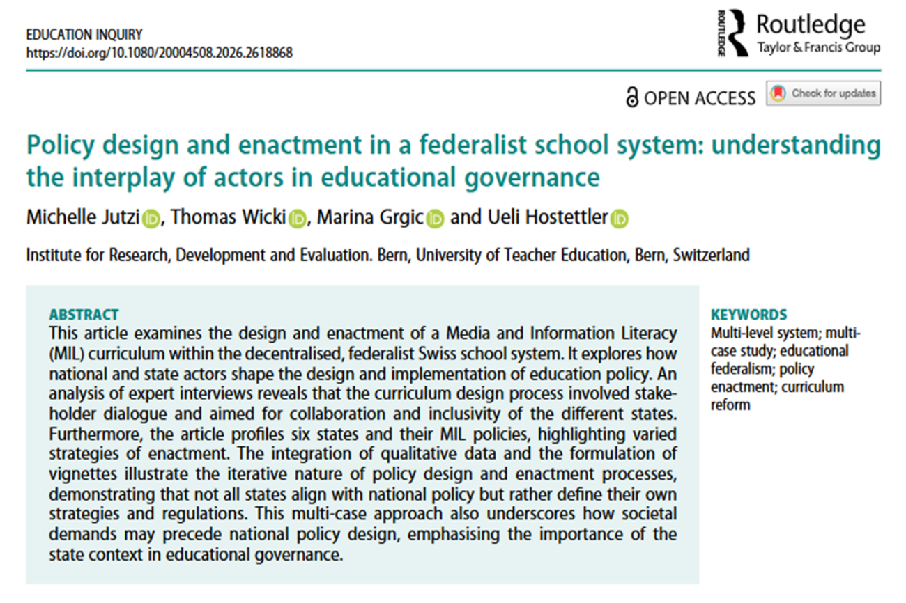 Titelseite des wissenschaftlichen Fachartikels ‹Policy design and enactment in a federalist school system: understanding the interplay of actors in educational governance›, veröffentlicht in der Zeitschrift Education Inquiry (2026).