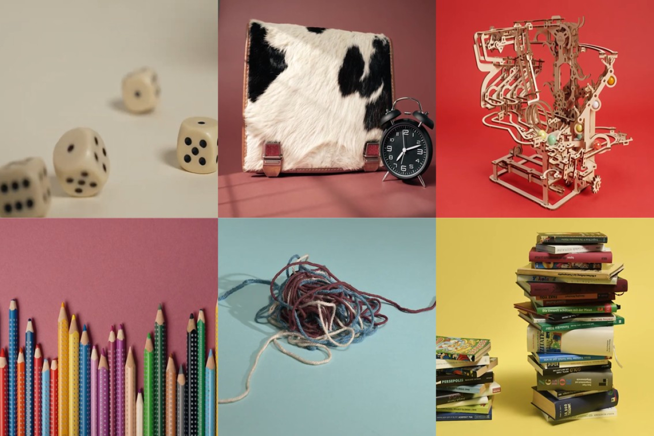 Sechs symbolische Fotografien: Würfel, Tasche mit Kuhfellmuster und Wecker, Holzkonstruktion, Buntstifte, Bücherstapel und verknotete Kabel als visuelle Darstellung verschiedener Forschungsschwerpunkte