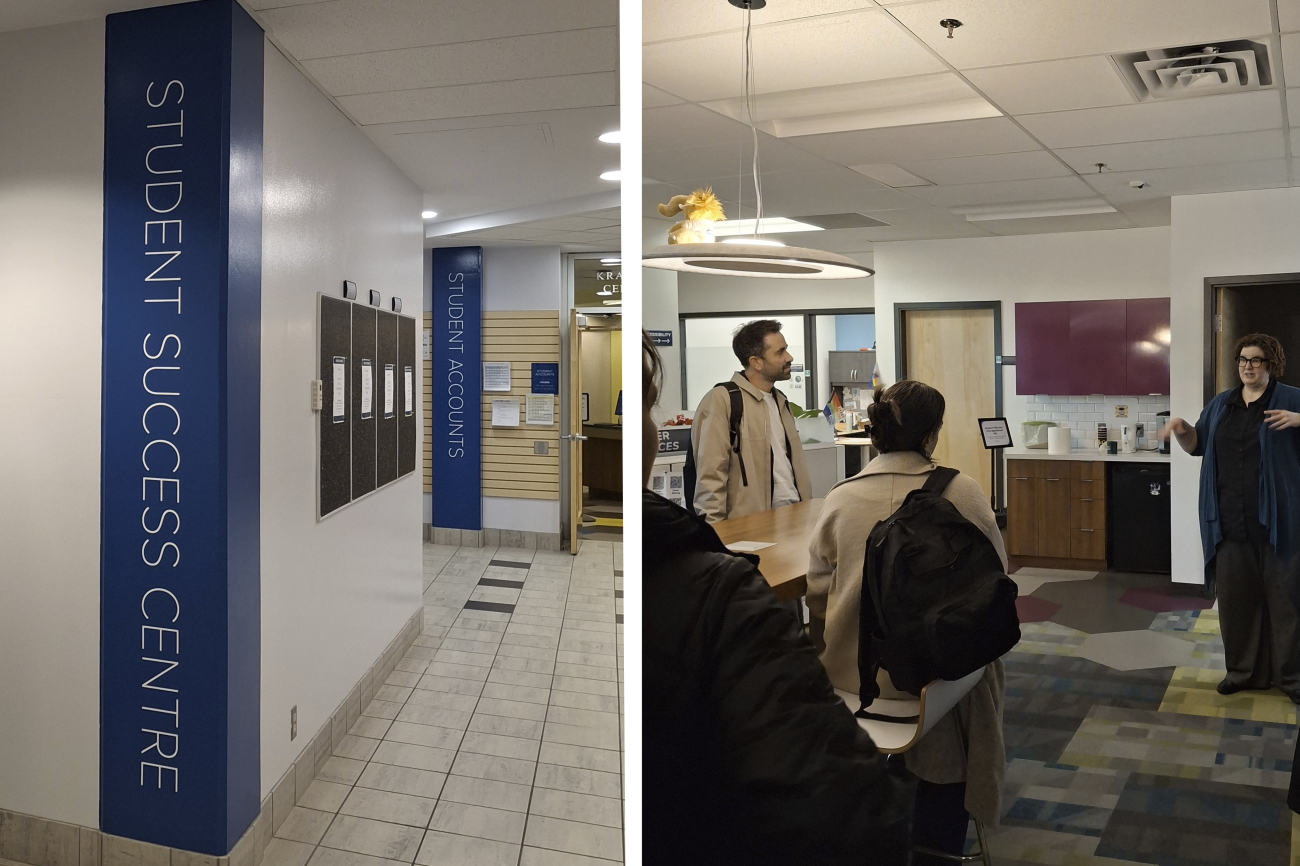 Ein zweigeteiltes Bild zeigt links einen Flur im Student Success Centre mit beschrifteten blauen Säulen und rechts eine Gruppe von Personen in einem modern eingerichteten Büro- oder Aufenthaltsbereich.