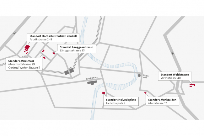 Alle Standorte der PHBern in der Stadt Bern auf einem Lageplan