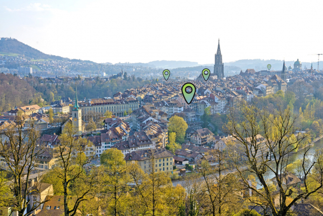 BENE-Stadtplan - Foto Altstadt Bern mit markierten Orten