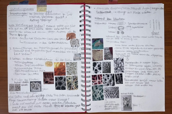 Moodboard für mein Seifenprojekt zu sehen. Daneben habe ich meine Gedankengänge notiert und wie sich meine Vision für mein Projekt verändert oder gefestigt hat.