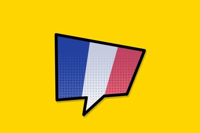 Eine Comic-artige Sprechblase. Der Hintergrund ist die französische Flagge.