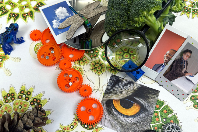 Eine Collage von verschiedenen Elementen. Unter anderem sind Zahnräder, ein Tannenzapfen, das Bild eines Uhu-Auges, eine Lupe sowie Polaroids von bekannten Personen aus der Technik- und Wissenschaftsgeschichte zu sehen.