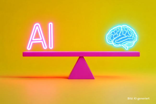 Illustration einer Waage im Gleichgewicht, auf der einen Seite die Lettern "AI", auf der anderen ein menschliches Gehirn