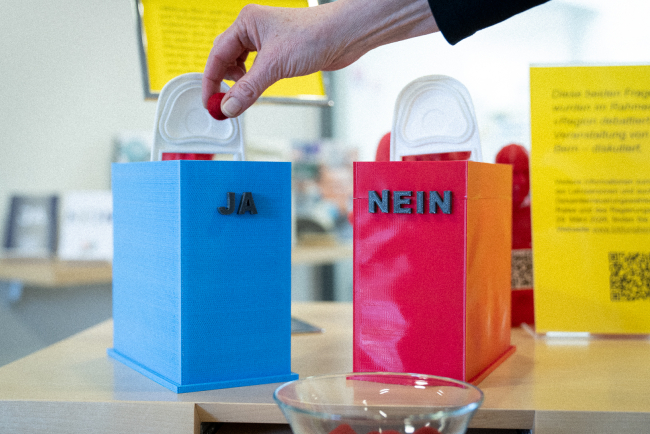 Abstimmungsboxen blau und pink, angeschrieben mit Ja und Nein. Eine Hand wirft einen Jeton in die Ja-Box